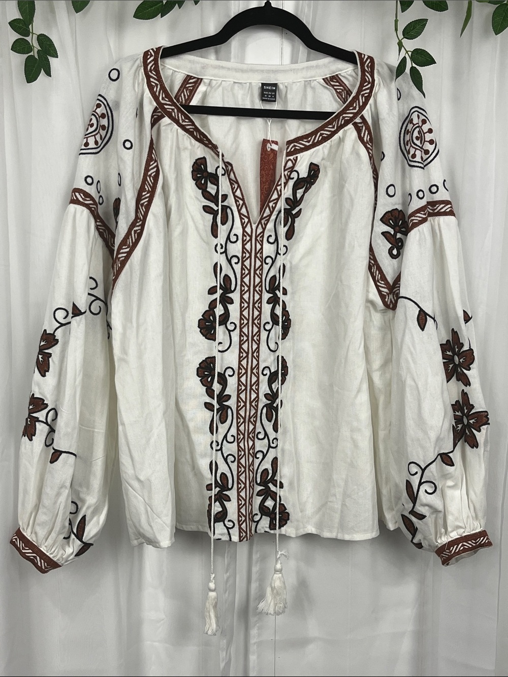 SHEIN Womens Boho Top M White Cream Brown Black Embroidery Pullover Peasant NWT